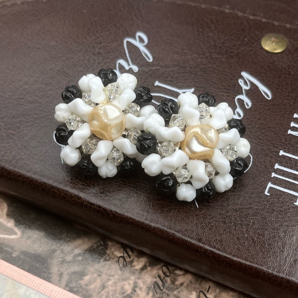Vintage West Germany Floral Cluster Clip Earrings Pearl Mid Century Statement